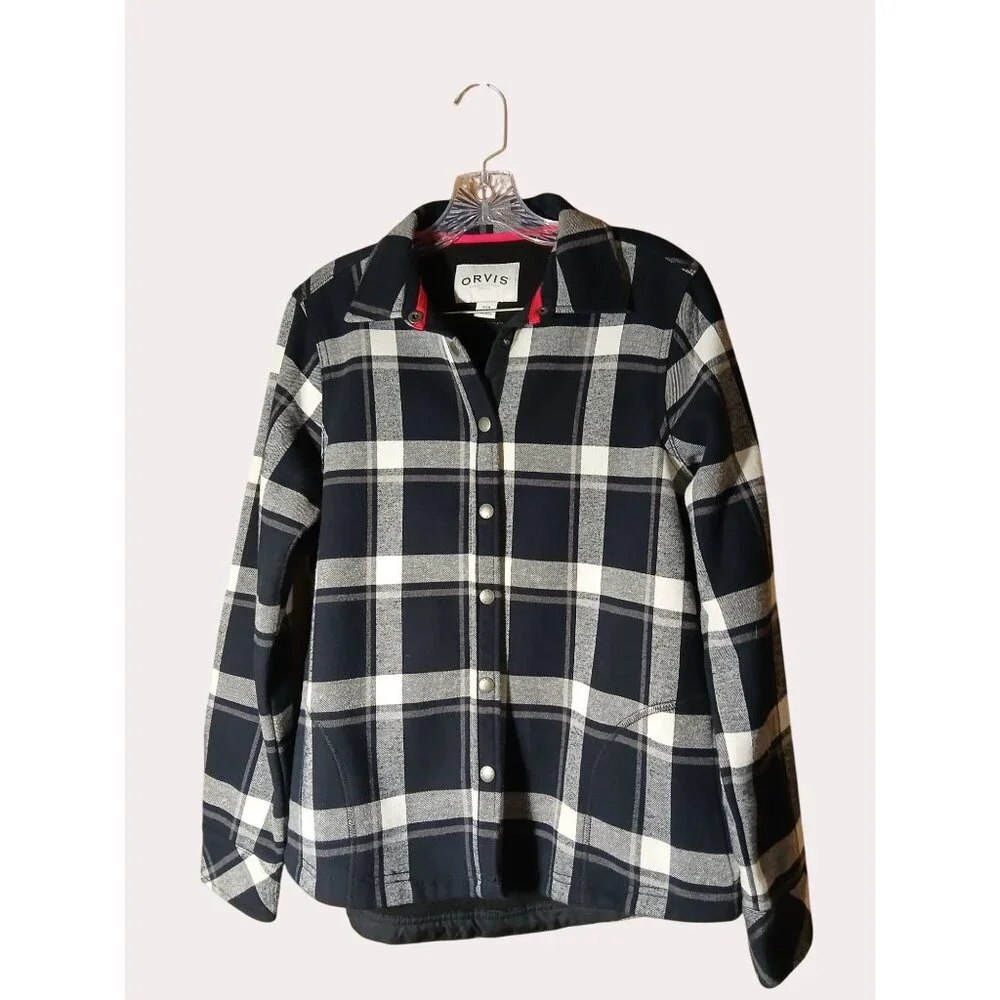Orvis Womens Plaid Flannel Shirt Jacket Black Gray Snap Button Front S Pockets - Picture 1 of 16
